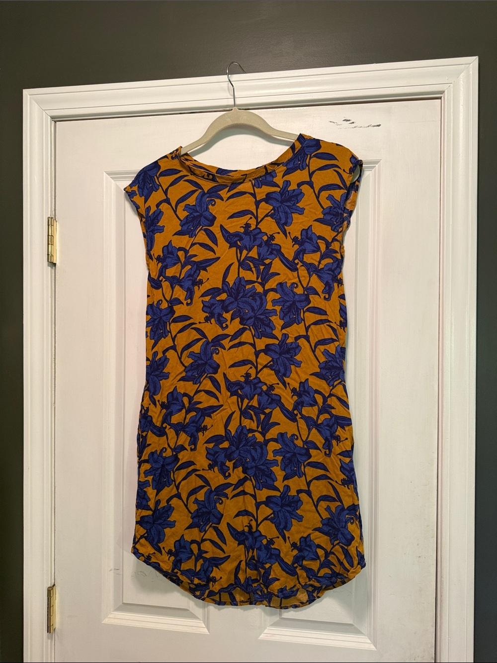 H&M Mustard Yellow Mini Dress with Royal Blue Floral Pattern